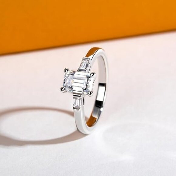 1.2cttw Emerald Cut Moissanites 3 stone D Color VVS1 Clarity Engagement Ring - Picture 6 of 6